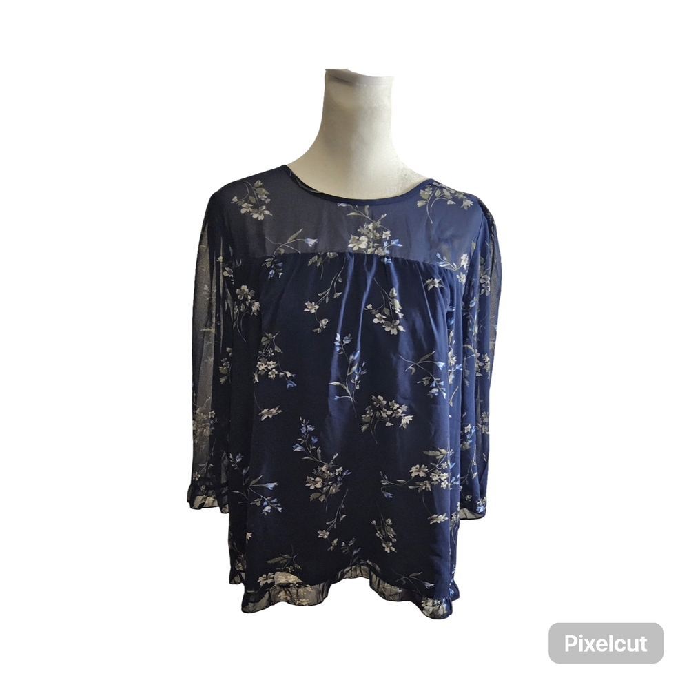 NWOT Size Large Allegra K Navy Blue Floral Blouse